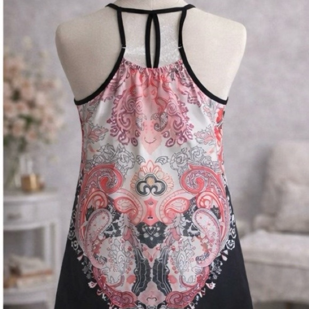 NWOT Paisley Print Halter Top • Black & Pink Flowy Blouse • Sleeveless